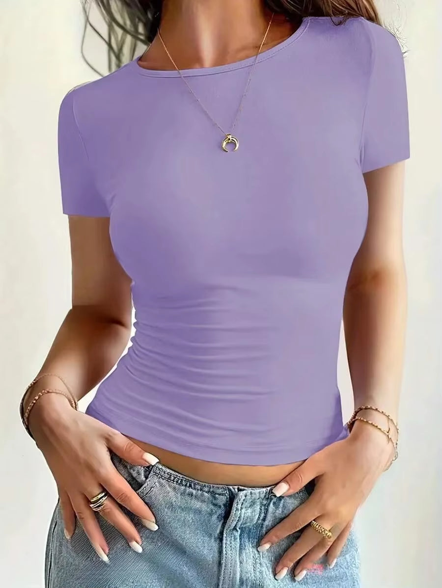 Womens Basic T-Shirts Scoop Neck Short Sleeve Crop Tops Cute Summer Tops Slim Fit Tees Y2K Clothing 2025