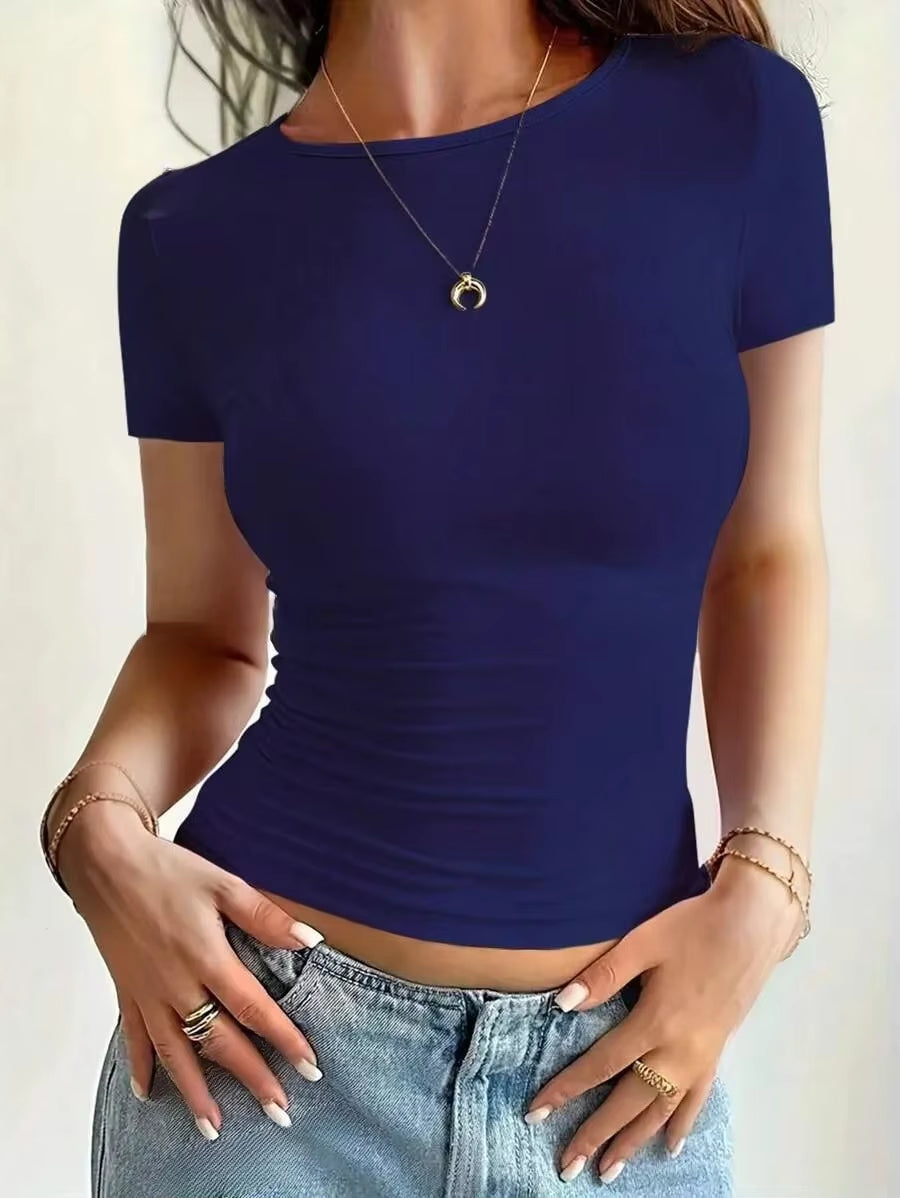 Womens Basic T-Shirts Scoop Neck Short Sleeve Crop Tops Cute Summer Tops Slim Fit Tees Y2K Clothing 2025
