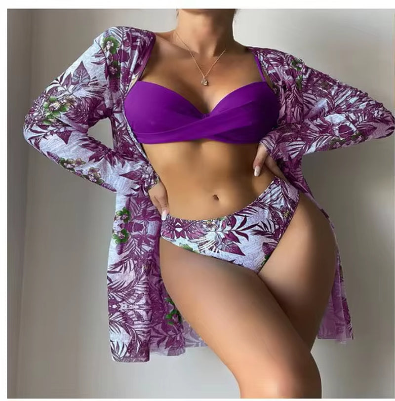 Cross Border New Sexy Cross Bikini Wholesale Split Style Camisole Three Piece Swimsuit with European and American Printed Bikini