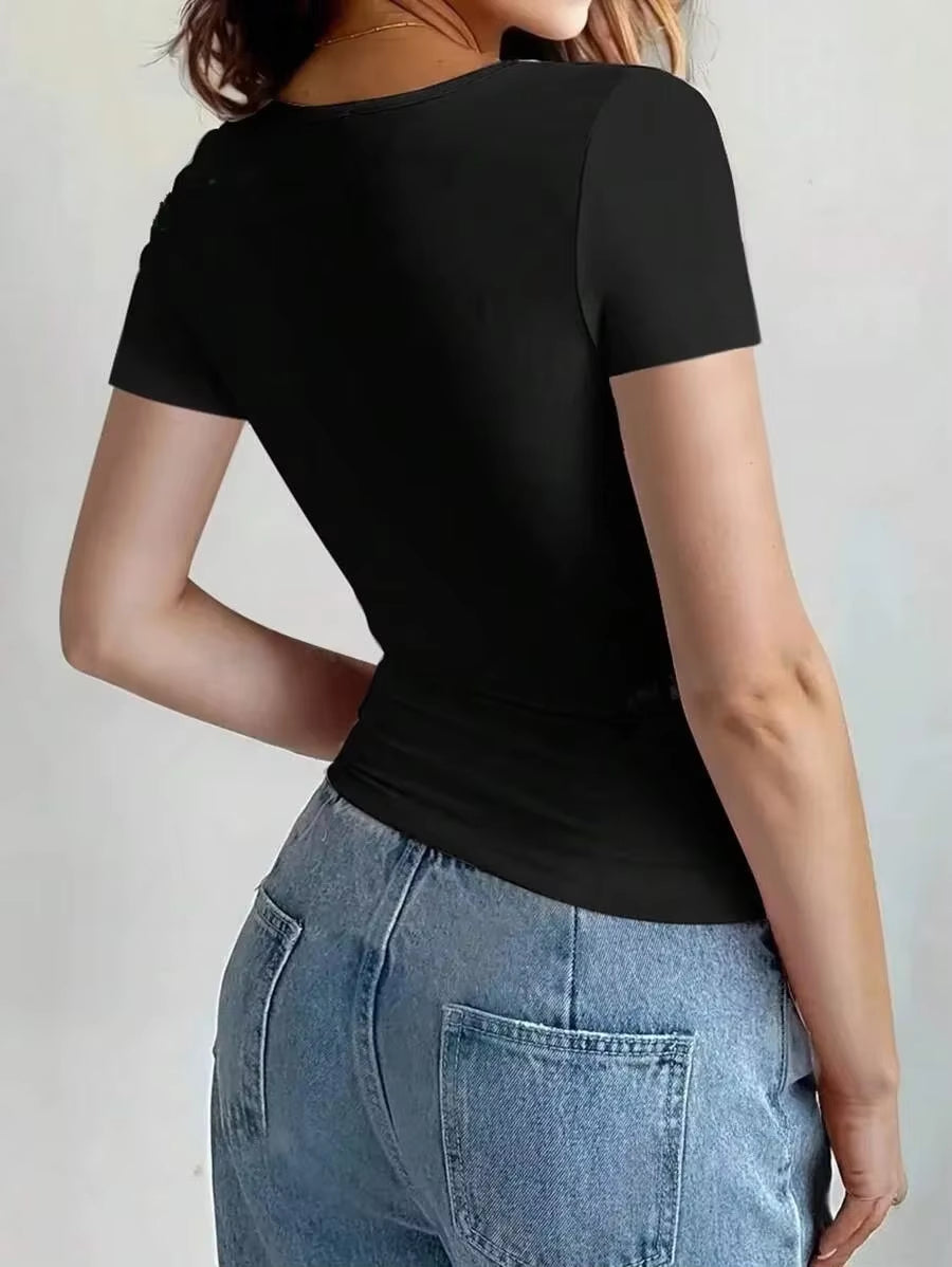 Womens Basic T-Shirts Scoop Neck Short Sleeve Crop Tops Cute Summer Tops Slim Fit Tees Y2K Clothing 2025