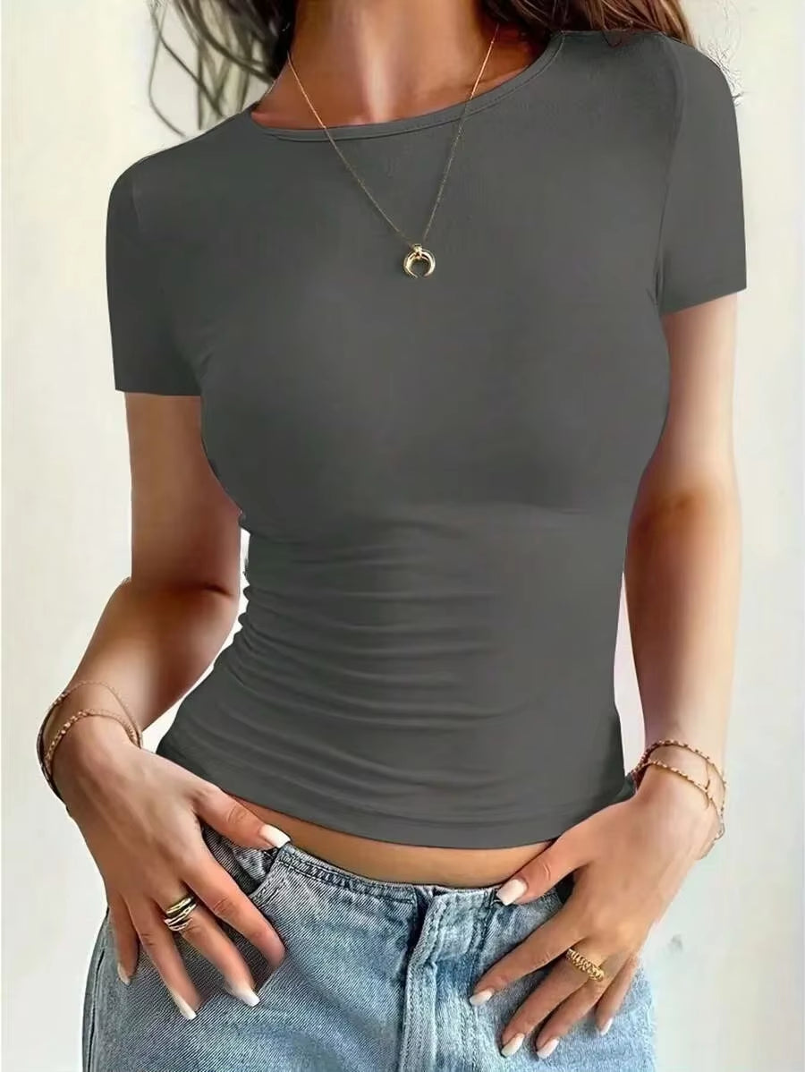 Womens Basic T-Shirts Scoop Neck Short Sleeve Crop Tops Cute Summer Tops Slim Fit Tees Y2K Clothing 2025