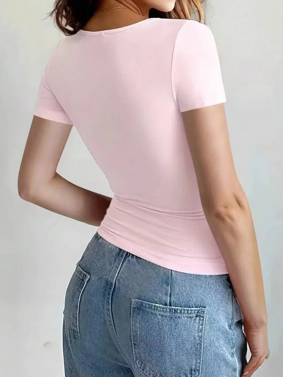 Womens Basic T-Shirts Scoop Neck Short Sleeve Crop Tops Cute Summer Tops Slim Fit Tees Y2K Clothing 2025