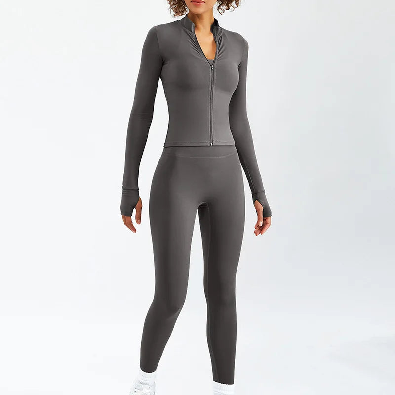 Newest Zipper Long Sleeve Yoga Set 2PCS High Waist Fitness Sport Gym Suit Sportwear Women Set Workout Clothestracksuit Academic