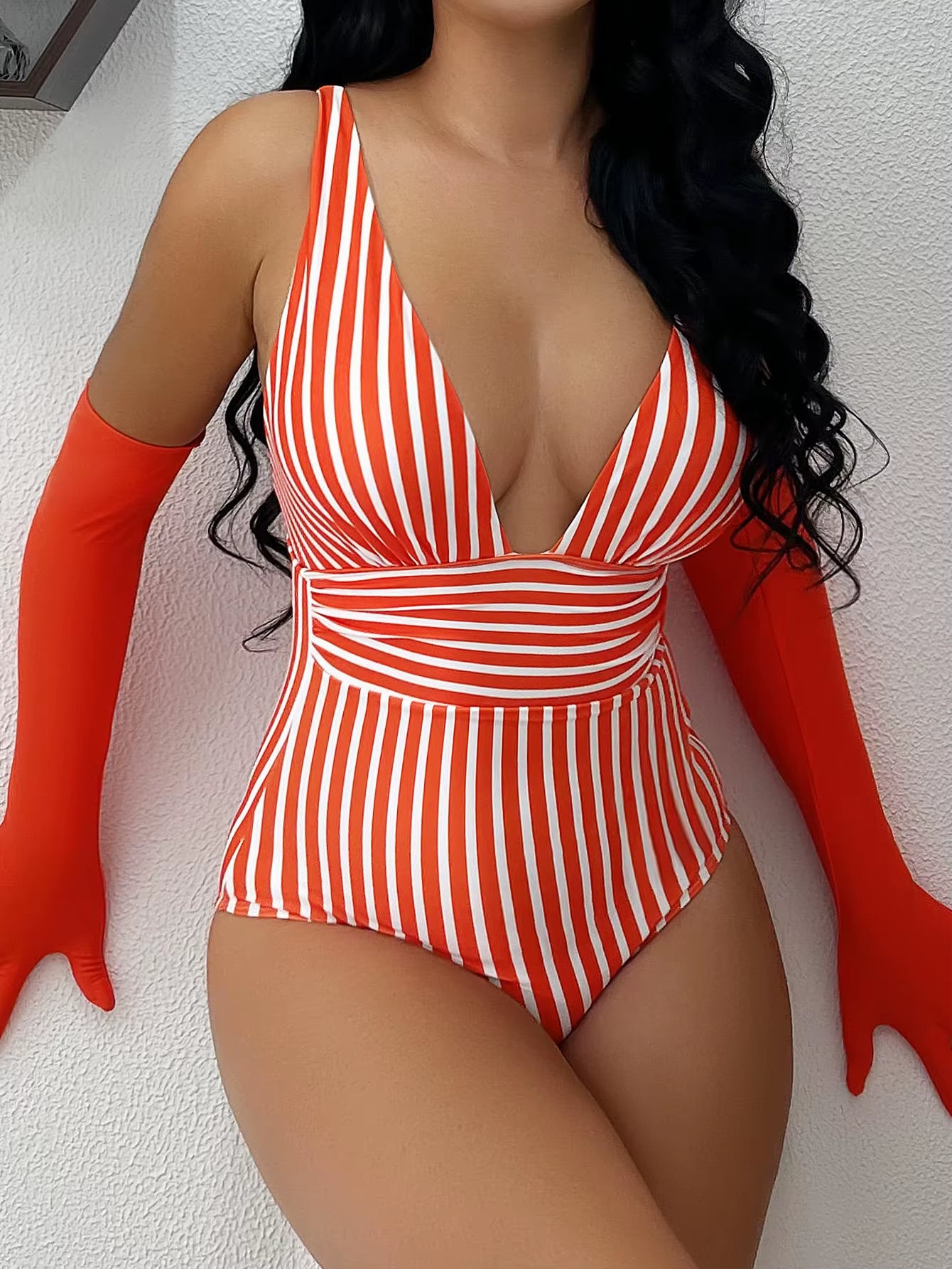 2024 Striped One Piece Swimsuit Vintage Swimwear Women V-Neck Bathing Swimming Suit Female Summer Beachwear Bodysuit